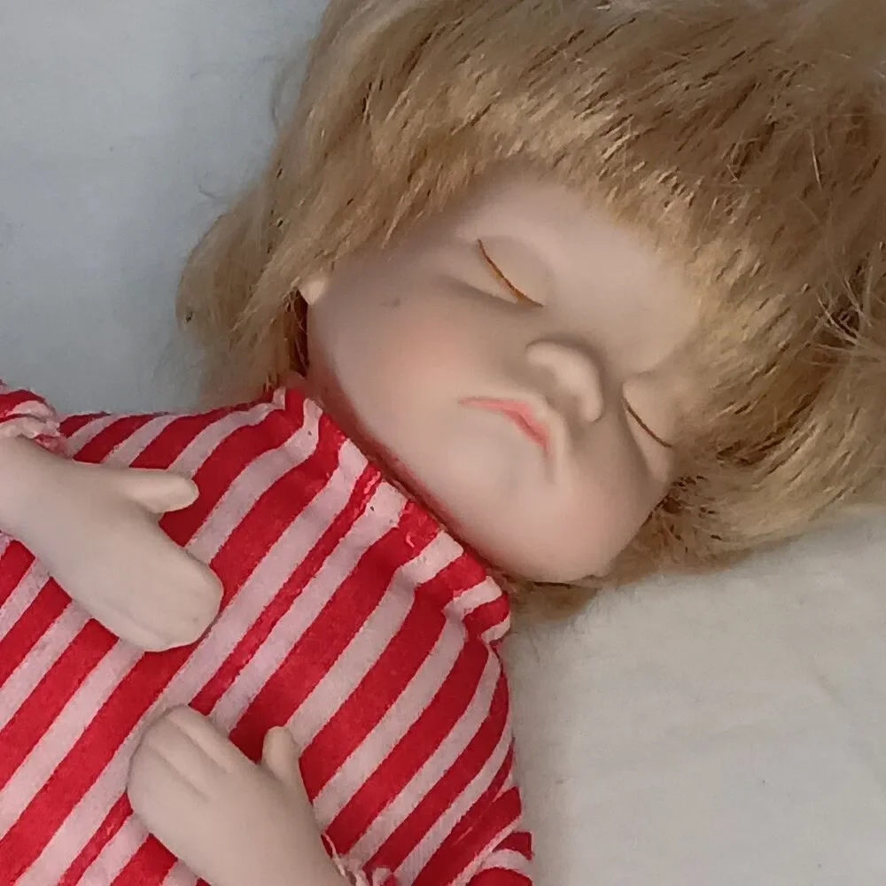 Telco Creations Sleeping Baby Doll Red White Pajamas Cloth And Wire Body